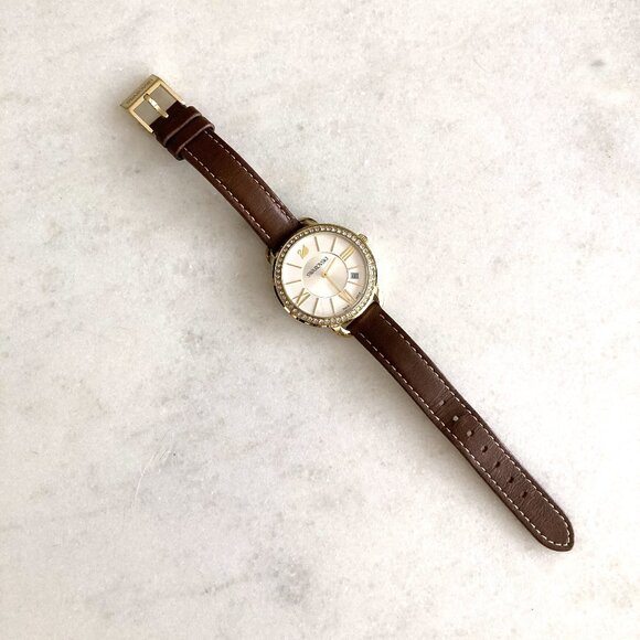 Swarovski Aila day watch, Swiss made, brown leather strap, crystals, gold tone - Picture 6 of 7